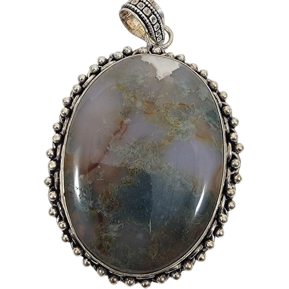 Handmade Sterling Silver Pendant with Moss Agate Oval Cabochon Green Gemstone